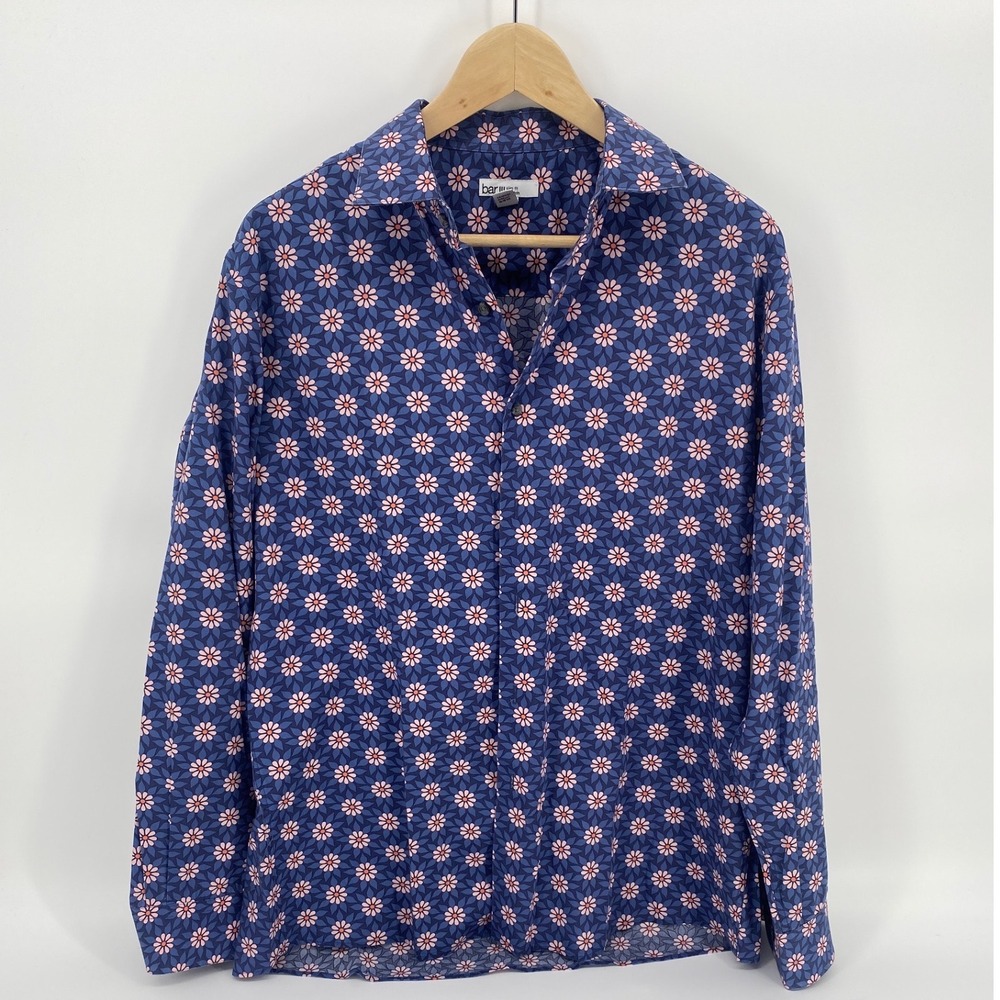 Bar III Button Down Shirt L Blue Floral Slim Fit Stretch Organic Cotton